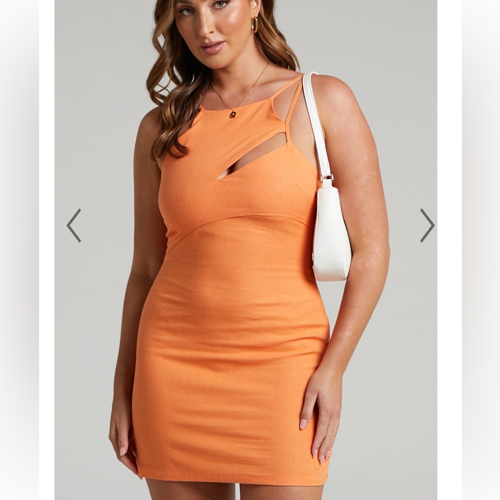 Showpo Patchico Mini Dress- Split Bust Bodycon in Orange Linen Look